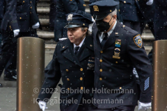 Mourners, including NYPD officers, leave St. Patrick’s Cathedral after the funeral service for NYPD Officer Jason Rivera in New York, New York, on Jan. 28, 2022.  (Photo by Gabriele Holtermann/Sipa USA)