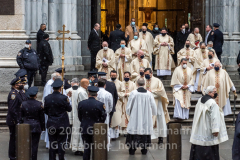 Priests leave St. Patrick’s Cathedral after the funeral service for NYPD Officer Jason Rivera in New York, New York, on Jan. 28, 2022.  (Photo by Gabriele Holtermann/Sipa USA)