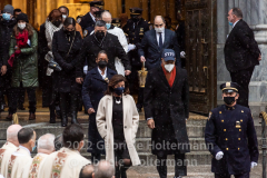 NY Gov. Kathy Hochul, NYC Mayor Eric Adams, and NYPD Commissioner Keechant Sewell (back) leave St. Patrick’s Cathedral after the funeral service for NYPD Officer Jason Rivera in New York, New York, on Jan. 28, 2022.  (Photo by Gabriele Holtermann/Sipa USA)