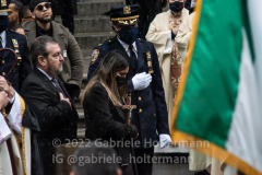 Dominique Luzuriaga, the widow of NYPD Officer Jason Rivera, clutches a cross after his funeral service at St. Patrick’s Cathedral in New York, New York, on Jan. 28, 2022.  (Photo by Gabriele Holtermann/Sipa USA)