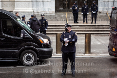 NYPD officers wait outside St. Patrick’s Cathedral as the funeral for NYPD Officer Jason Rivera is under way in New York, New York, Jan. 28, 2022.  (Photo by Gabriele Holtermann/Sipa USA)