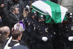 The casket of fallen NYPD Officer Jason Rivera is brought out of St. Patrick's Cathedral during his funeral on January 28, 2022 in New York City. The 22-year-old NYPD officer was shot and killed on January 21 in Harlem while responding to a domestic disturbance call. Rivera's partner, Officer Wilbert Mora, also died from injuries suffered in the shooting