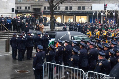 The casket of fallen NYPD Officer Jason Rivera is brought out of St. Patrick's Cathedral during his funeral on January 28, 2022 in New York City. The 22-year-old NYPD officer was shot and killed on January 21 in Harlem while responding to a domestic disturbance call. Rivera's partner, Officer Wilbert Mora, also died from injuries suffered in the shooting