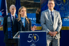 Police Commissioner Dermot Shea and various dignitaries attend NYC Marathon blue line painting ceremony at the finish line in Central Park 11/3/21. L-R  George Hirsch NYRR, Kerin Hempel NYRR, Dermot Shea Police Commissioner NYC.