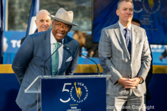 Police Commissioner Dermot Shea and various dignitaries attend NYC Marathon blue line painting ceremony at the finish line in Central Park 11/3/21. L-R  Geroge Hirsch NYRR, Ted Metellus NYRR Race Director, Dermot Shea NYC Police Commissioner.