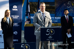 Police Commissioner Dermot Shea and various dignitaries attend NYC Marathon blue line painting ceremony at the finish line in Central Park 11/3/21 L_R Kerin Hempel NYRR, Dermot Shea Police Commissioner, Dr. Dave Chokshi.