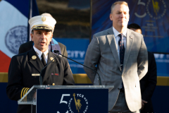 Police Commissioner Dermot Shea and various dignitaries attend NYC Marathon blue line painting ceremony at the finish line in Central Park 11/3/21 L-R Michael Ajello FDNY Deputy Fire Chief, Dermot Shea Police Commissioner.