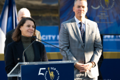 Police Commissioner Dermot Shea and various dignitaries attend NYC Marathon blue line painting ceremony at the finish line in Central Park 11/3/21 L-R Gabriele Fialkoff NYC Parks, Dermot Shea Police Commissioner.