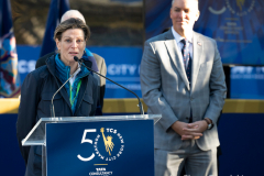 Police Commissioner Dermot Shea and various dignitaries attend NYC Marathon blue line painting ceremony at the finish line in Central Park 11/3/21 L-R Betsy Smith Central Park Conservancy, Dermot Shea Police Commissioner.