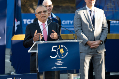 Police Commissioner Dermot Shea and various dignitaries attend NYC Marathon blue line painting ceremony at the finish line in Central Park 11/3/21 L-R Sury Kant TCS, George Hirsch NYRR, Dermot Shea Police Commissioner.
