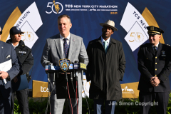 Police Commissioner Dermot Shea and various dignitaries attend NYC Marathon blue line painting ceremony at the finish line in Central Park 11/3/21. Dermot Shea takes questions from the press.