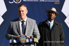 Police Commissioner Dermot Shea and various dignitaries attend NYC Marathon blue line painting ceremony at the finish line in Central Park 11/3/21 Dermot Shea Police Commissioner takes questions as Ted Metellus, race director, looks on.