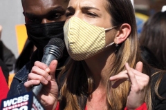 NY Senator Julia Salazar and dozens of protesters gather at Washington Square Park to demand the resignation of New York Governor Andrew Cuomo on March 20, 2021 in New York City. The demands for Governor Cuomo's resignation are in response to the sexual harassment allegations made by numerous women and a cover-up preventable of coronavirus (COVID-19) deaths in nursing homes on 20 March 2021