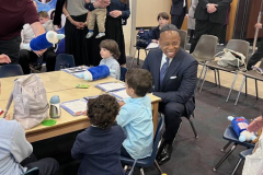 Park East Synagogue with Senior Rabbi Arthur Schneier had an official "Welcome New York City Mayor Eric Adams"  Shabbat.event where the Mayor spoke to the congregation and promised to protect the Jewish community.
The Mayor enjoyed a few minutes with the children of the congregation, sitting down and talking with them.
The talk was followed by a Gala Congregational Kiddush meal for all to share.
Photo by Diane L. Cohen