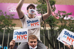 Shaun Donovan supporters at a New York City Democratic Mayoral Candidate Pre Debate Rally along Columbus Avenue before his first debate on ABC TV on 02 June 2021