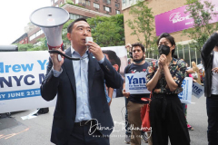Andrew Yang and his wife Evelyn at a New York City Democratic Mayoral Candidate  Pre Debate Rally along Columbus Avenue before hisr first debate on ABC TV on 02 June 2021
