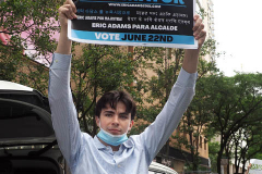 Eric Adams supporters at a New York City Democratic Mayoral Candidate Pre Debate Rally along Columbus Avenue before his first debate on ABC TV