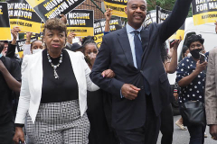 Gwen Carr (Eric Garner's Mother) and Ray McGuire at a New York City Democratic Mayoral Candidate Pre Debate Rally along Columbus Avenue before his first debate on ABC TV