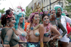 Dressed in all types of costumes, some with and some without an aquatic theme, parade goers both young and old participate in the 40th Annual Coney Island Mermaid Parade in Brooklyn NY on June 18, 2020. (Photo by Andrew Schwartz)