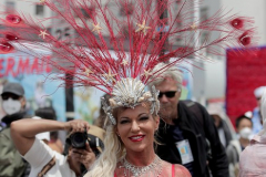 Dressed in all types of costumes, some with and some without an aquatic theme, parade goers both young and old participate in the 40th Annual Coney Island Mermaid Parade in Brooklyn NY on June 18, 2020. (Photo by Andrew Schwartz)