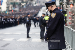 NYPD officers and police officers from the tri-state area line 5th Avenue to pay their final respect for their fallen colleague, NYPD Officer Wilbert Mora after his funeral service at St. Patrick’s Cathedral in New York, New York, on Feb. 2,  2022.  (Photo by Gabriele Holtermann/Sipa USA)
