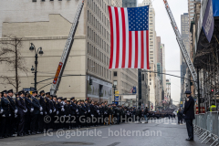 NYPD officers and police officers from the tri-state area line 5th Avenue to pay their final respect for their fallen colleague, NYPD Officer Wilbert Mora after his funeral service at St. Patrick’s Cathedral in New York, New York, on Jan. 28, 2022.  (Photo by Gabriele Holtermann/Sipa USA)