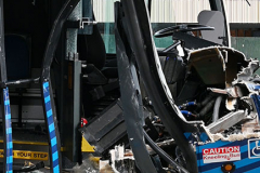 MTA Bus Accident
Monday, March 07, 2022
Hamilton Avenue and Richmond Terrace
Staten Island, NY
For Credit:  Mary DiBiase Blaich

An MTA bus was badly damaged on its right front during a late morning accident on Richmond Terrace near Hamilton Avenue. The S40 MTA Bus was traveling towards the St George Ferry Terminal.  The intersection is just a few blocks from the Staten Island Ferry and Richmond County Bank Ball Park.  The bus was hit by a large vehicle that was exiting a construction site. Eleven minor injuries were reported, in addition to the driver of the bus who suffered cuts.