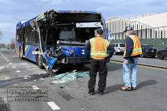 MTA Bus Accident
Monday, March 07, 2022
Hamilton Avenue and Richmond Terrace
Staten Island, NY
For Credit:  Mary DiBiase Blaich

An MTA bus was badly damaged on its right front during a late morning accident on Richmond Terrace near Hamilton Avenue. The S40 MTA Bus was traveling towards the St George Ferry Terminal.  The intersection is just a few blocks from the Staten Island Ferry and Richmond County Bank Ball Park.  The bus was hit by a large vehicle that was exiting a construction site. Eleven minor injuries were reported, in addition to the driver of the bus who suffered cuts.