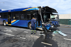 MTA Bus Accident
Monday, March 07, 2022
Hamilton Avenue and Richmond Terrace
Staten Island, NY
For Credit:  Mary DiBiase Blaich

An MTA bus was badly damaged on its right front during a late morning accident on Richmond Terrace near Hamilton Avenue. The S40 MTA Bus was traveling towards the St George Ferry Terminal.  The intersection is just a few blocks from the Staten Island Ferry and Richmond County Bank Ball Park.  The bus was hit by a large vehicle that was exiting a construction site. Eleven minor injuries were reported, in addition to the driver of the bus who suffered cuts.