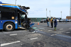MTA Bus Accident
Monday, March 07, 2022
Hamilton Avenue and Richmond Terrace
Staten Island, NY
For Credit:  Mary DiBiase Blaich

An MTA bus was badly damaged on its right front during a late morning accident on Richmond Terrace near Hamilton Avenue. The S40 MTA Bus was traveling towards the St George Ferry Terminal.  The intersection is just a few blocks from the Staten Island Ferry and Richmond County Bank Ball Park.  The bus was hit by a large vehicle that was exiting a construction site. Eleven minor injuries were reported, in addition to the driver of the bus who suffered cuts.