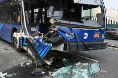 MTA Bus Accident
Monday, March 07, 2022
Hamilton Avenue and Richmond Terrace
Staten Island, NY
For Credit:  Mary DiBiase Blaich

An MTA bus was badly damaged on its right front during a late morning accident on Richmond Terrace near Hamilton Avenue. The S40 MTA Bus was traveling towards the St George Ferry Terminal.  The intersection is just a few blocks from the Staten Island Ferry and Richmond County Bank Ball Park.  The bus was hit by a large vehicle that was exiting a construction site. Eleven minor injuries were reported, in addition to the driver of the bus who suffered cuts.