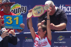 NATHAN’S FAMOUS FOURTH OF JULY HOT DOG-EATING CONTEST
 AT CONEY ISLAND’S MAIMONIDES PARK

World champion Joey Chestnut will defend his title against the world’s top eaters before a live audience at the Nathan’s Famous Fourth of July International Hot Dog-Eating Contest in Coney Island’s Maimonides Park (formerly MCU Park). 

The world’s best eating athletes  go head-to-head in the 10-minute, all-you-can-eat contest. Chestnut’s  broke his world record of 75 hot dogs and buns with 76 hot dogs. against number-two-ranked Geoffrey Esper(who has beaten Chestnut in recent events) .

In the women’s competition, Michelle Lesco won with 30 3/4hot dogs and buns  competed against world pepperoni roll-eating champion Larell Marie Mele and Sarah Rodriguez.