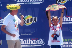 NATHAN’S FAMOUS FOURTH OF JULY HOT DOG-EATING CONTEST
 AT CONEY ISLAND’S MAIMONIDES PARK

World champion Joey Chestnut will defend his title against the world’s top eaters before a live audience at the Nathan’s Famous Fourth of July International Hot Dog-Eating Contest in Coney Island’s Maimonides Park (formerly MCU Park). 

The world’s best eating athletes  go head-to-head in the 10-minute, all-you-can-eat contest. Chestnut’s  broke his world record of 75 hot dogs and buns with 76 hot dogs. against number-two-ranked Geoffrey Esper(who has beaten Chestnut in recent events) .

In the women’s competition, Michelle Lesco won with 30 3/4hot dogs and buns  competed against world pepperoni roll-eating champion Larell Marie Mele and Sarah Rodriguez.