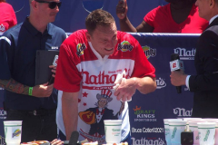 NATHAN’S FAMOUS FOURTH OF JULY HOT DOG-EATING CONTEST
 AT CONEY ISLAND’S MAIMONIDES PARK

World champion Joey Chestnut will defend his title against the world’s top eaters before a live audience at the Nathan’s Famous Fourth of July International Hot Dog-Eating Contest in Coney Island’s Maimonides Park (formerly MCU Park). 

The world’s best eating athletes  go head-to-head in the 10-minute, all-you-can-eat contest. Chestnut’s  broke his world record of 75 hot dogs and buns with 76 hot dogs. against number-two-ranked Geoffrey Esper(who has beaten Chestnut in recent events) .

In the women’s competition, Michelle Lesco won with 30 3/4hot dogs and buns  competed against world pepperoni roll-eating champion Larell Marie Mele and Sarah Rodriguez.