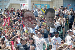 The crowd at Maimonides Park stadium cheers for Competitive eater Joey Chestnut at the Nathan’s Fourth of July Hot Dog Eating Contest in Coney Island Brooklyn NY on July 4, 2021.  (Photo by Andrew Schwartz)
