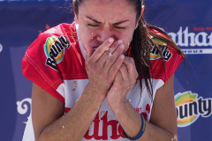 Woman's hot dog eating champion Michelle Lesco during the 2021 Nathans Famous Fourth of July International Hot Dog Eating Contest at Coney Island on 04 July 2021 in New York City.