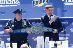 NATHAN’S FAMOUS FOURTH OF JULY HOT DOG-EATING CONTEST
 AT CONEY ISLAND’S MAIMONIDES PARK

World champion Joey Chestnut will defend his title against the world’s top eaters before a live audience at the Nathan’s Famous Fourth of July International Hot Dog-Eating Contest in Coney Island’s Maimonides Park (formerly MCU Park). 

The world’s best eating athletes  go head-to-head in the 10-minute, all-you-can-eat contest. Chestnut’s  broke his world record of 75 hot dogs and buns with 76 hot dogs. against number-two-ranked Geoffrey Esper(who has beaten Chestnut in recent events) .

In the women’s competition, Michelle Lesco won with 30 3/4hot dogs and buns  competed against world pepperoni roll-eating champion Larell Marie Mele and Sarah Rodriguez.