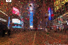 Confetti fills an almost empty Time Square due to Covid restrictions in New York City as the Waterford Crystal Ball falls to ring in the New Year on 01 January 2021