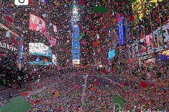Confetti fills an almost empty Time Square due to Covid restrictions in New York City as the Waterford Crystal Ball falls to ring in the New Year on 01 January 2021