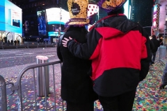 Celebrating the New Year in an almost empty Time Square as the Waterford Crystal Ball falls to ring in the New Year.