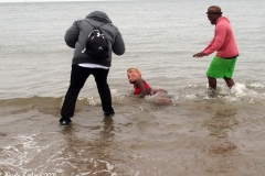 Coney Island New York: January 1 , 2021. In years past, the Coney Island Polar Bear Club would hold their annual New Year's Plunge; however, due to the Coronavirus this year, the event was canceled. In spite of this, New Year's revelers decided to hold their own non-sanctioned plunge at the beach.