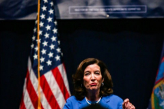 New York Governor Kathy Hochul speaks at the 2022 New York State Democratic Convention in the Sheraton Midtown. Closing the convention, Hochul spoke to attendees and the public about her intentions and efforts for reelection, securing her status in the governor’s race. Manhattan, New York. Thursday, February 17, 2022 (C) Bianca Otero
