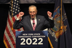 Senate Majority Leader Chuck Schumer, D-N.Y., speaks during the 2022 New York State Democratic Convention at the Sheraton New York Times Square Hotel on February 17, 2022 in New York City. Former Secretary of State Hillary Clinton gave the keynote address during the second day of the NYS Democratic Convention where the party organized the party's platform and nominated candidates for statewide offices that will be on the ballot this year including the nomination of Gov. Kathy Hochul and her Lt. Gov. Brian Benjamin