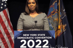 New York State Attorney General Letitia James speaks during the 2022 New York State Democratic Convention at the Sheraton New York Times Square Hotel on February 17, 2022 in New York City. Former Secretary of State Hillary Clinton gave the keynote address during the second day of the NYS Democratic Convention where the party organized the party's platform and nominated candidates for statewide offices that will be on the ballot this year including the nomination of Gov. Kathy Hochul and her Lt. Gov. Brian Benjamin