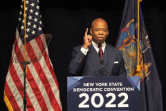 NYC Mayor Eric Adams during the 2022 New York State Democratic Convention at the Sheraton New York Times Square Hotel on February 17, 2022 in New York City. Former Secretary of State Hillary Clinton gave the keynote address during the second day of the NYS Democratic Convention where the party organized the party's platform and nominated candidates for statewide offices that will be on the ballot this year including the nomination of Gov. Kathy Hochul and her Lt. Gov. Brian Benjamin
