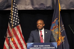New York Lt. Gov. Brian Benjamin speaks during the 2022 New York State Democratic Convention at the Sheraton New York Times Square Hotel on 17 February 2022 in New York City. Former Secretary of State Hillary Clinton gave the keynote address during the second day of the New York Democratic Convention where the party organized the party's platform and nominated candidates for statewide offices that will be on the ballot this year including the nomination of Gov. Kathy Hochul and her Lt. Gov. Brian Benjamin