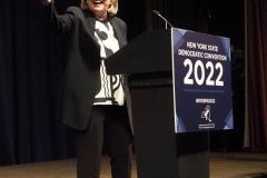 Former Secretary of State Hillary Clinton during the 2022 New York State Democratic Convention at the Sheraton New York Times Square Hotel on February 17, 2022 in New York City. Former Secretary of State Hillary Clinton gave the keynote address during the second day of the NYS Democratic Convention where the party organized the party's platform and nominated candidates for statewide offices that will be on the ballot this year including the nomination of Gov. Kathy Hochul and her Lt. Gov. Brian Benjamin