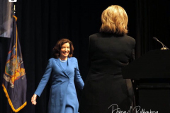 Former Secretary of State Hillary Clinton and  New York Gov. Kathy Hochul during the 2022 New York State Democratic Convention at the Sheraton New York Times Square Hotel on February 17, 2022 in New York City. Former Secretary of State Hillary Clinton gave the keynote address during the second day of the NYS Democratic Convention where the party organized the party's platform and nominated candidates for statewide offices that will be on the ballot this year including the nomination of Gov. Kathy Hochul and her Lt. Gov. Brian Benjamin