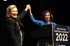 Former Secretary of State Hillary Clinton and  New York Gov. Kathy Hochul during the 2022 New York State Democratic Convention at the Sheraton New York Times Square Hotel on February 17, 2022 in New York City. Former Secretary of State Hillary Clinton gave the keynote address during the second day of the NYS Democratic Convention where the party organized the party's platform and nominated candidates for statewide offices that will be on the ballot this year including the nomination of Gov. Kathy Hochul and her Lt. Gov. Brian Benjamin