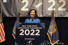 New York Gov. Kathy Hochul during the 2022 New York State Democratic Convention at the Sheraton New York Times Square Hotel on February 17, 2022 in New York City. Former Secretary of State Hillary Clinton gave the keynote address during the second day of the NYS Democratic Convention where the party organized the party's platform and nominated candidates for statewide offices that will be on the ballot this year including the nomination of Gov. Kathy Hochul and her Lt. Gov. Brian Benjamin